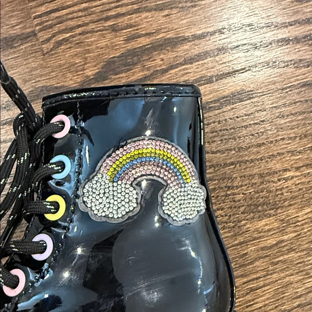 Black Patent Leather Kids Boots with Rainbow Detail